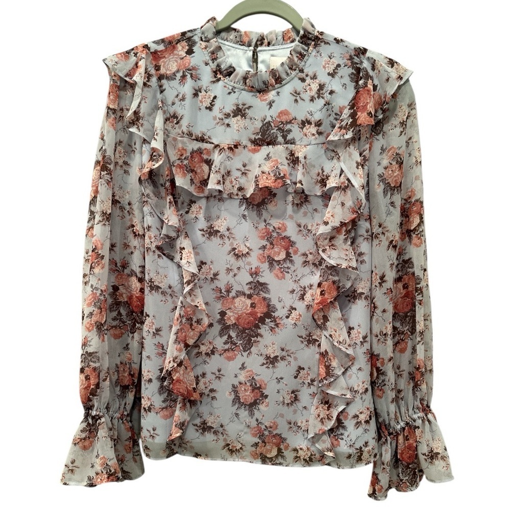 Rachel Parcell Ice Sofia Floral Ruffles Blouse Pearl Button Cottagecore Sz M